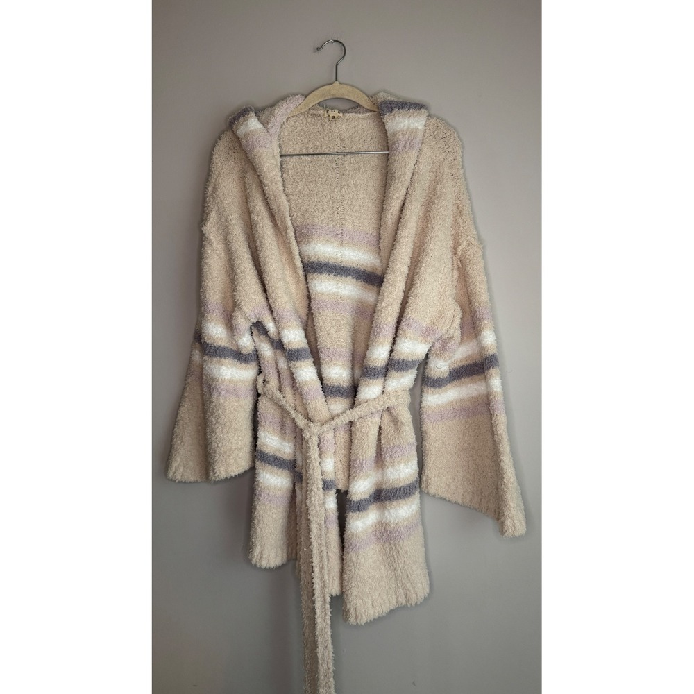 POL Hooded Fuzzy Striped Cardigan Belted Sweater Cream Tan Grey